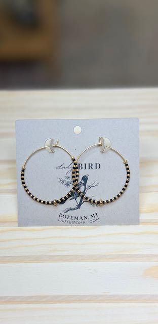 Black & Gold Striped Boho Seed Bead Hoop Earrings - Lightweight Miyuki Glass