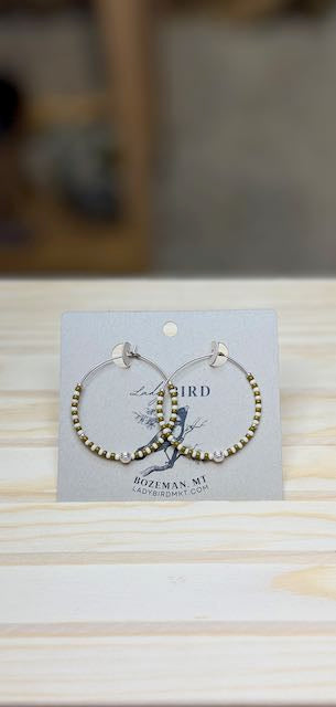 Creamy White & Hunter Green Striped Boho Seed Bead Hoop Earrings in Silver