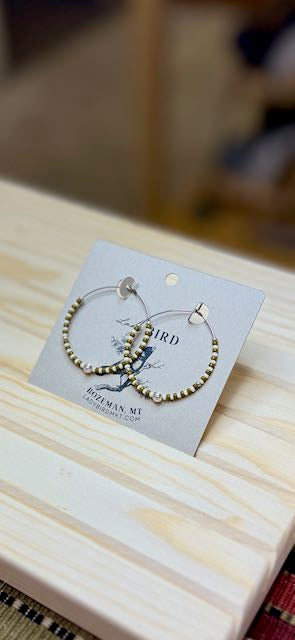 Creamy White & Hunter Green Striped Boho Seed Bead Hoop Earrings in Silver