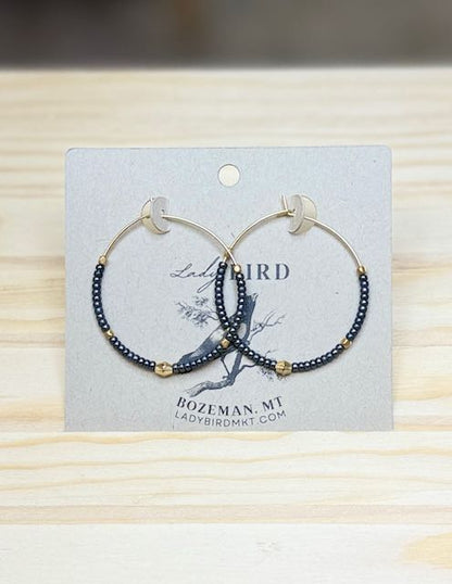 Steel Grey and Gold Boho Seed Bead Hoop Earrings