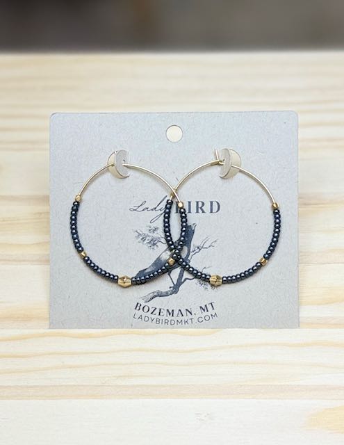 Steel Grey and Gold Boho Seed Bead Hoop Earrings