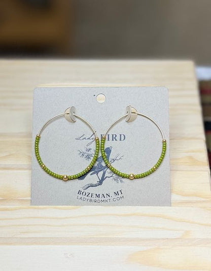 Shiny Green Apple and Gold Boho Seed Beaded Hoop Earrings