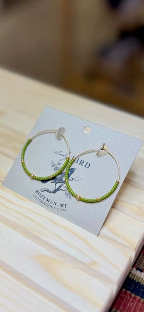 Shiny Green Apple and Gold Boho Seed Beaded Hoop Earrings