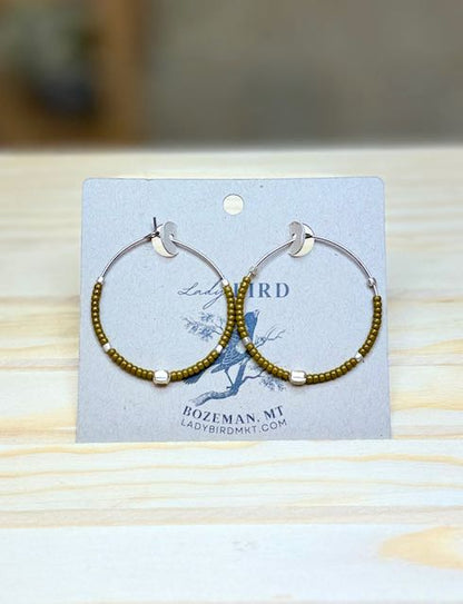 Ochre/Dark Yellow & Silver Boho Seed Beaded Hoop Earrings
