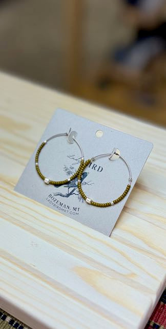 Ochre/Dark Yellow & Silver Boho Seed Beaded Hoop Earrings