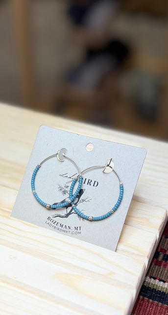 Pale Sky Blue with Silver accent Boho Seed Beaded Hoop Earrings