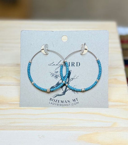 Pale Sky Blue with Silver accent Boho Seed Beaded Hoop Earrings