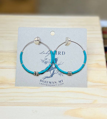 Turquoise with Silver Circle Boho Seed Beaded Hoop Earrings