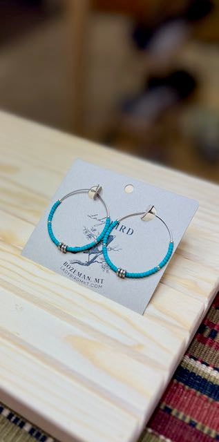 Turquoise with Silver Circle Boho Seed Beaded Hoop Earrings