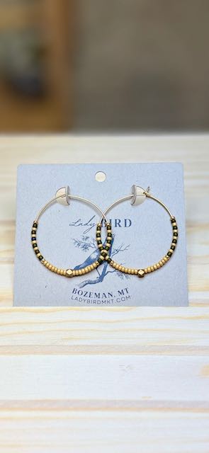 Ivory & Olive Green Striped Boho Seed Beaded Hoop Earrings