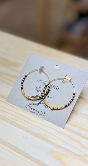 Ivory & Olive Green Striped Boho Seed Beaded Hoop Earrings
