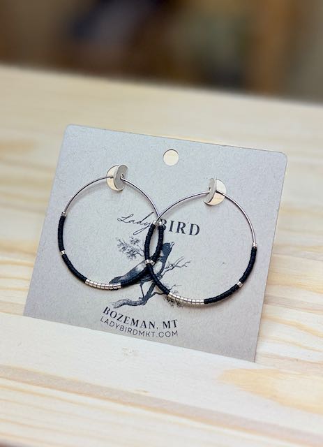 Black with Silver Accented Boho Seed Beaded Hoop Earrings