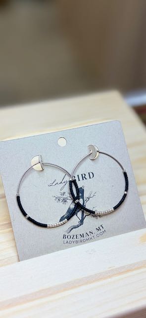 Black with Silver Accented Boho Seed Beaded Hoop Earrings