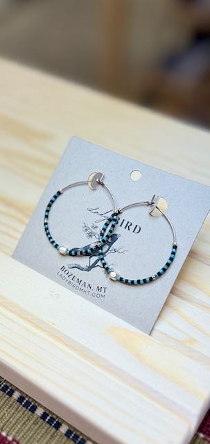 Turquoise & Black Polka Dot Boho Seed Bead Hoop Earrings in Silver
