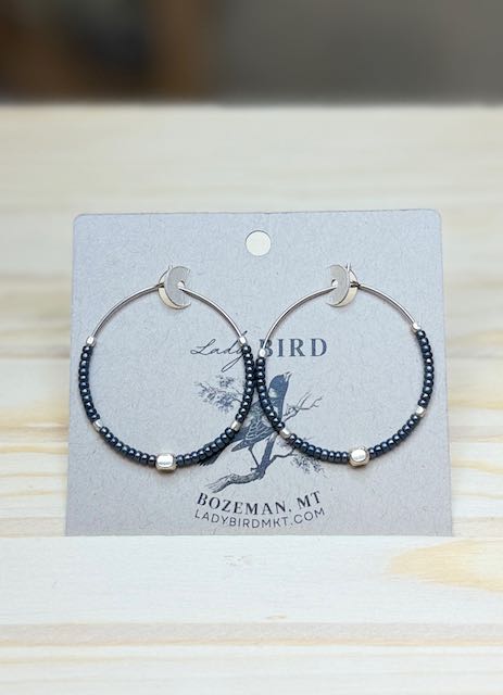 Handcrafted Steel Grey and Silver Boho Seed Beaded Hoop Earrings