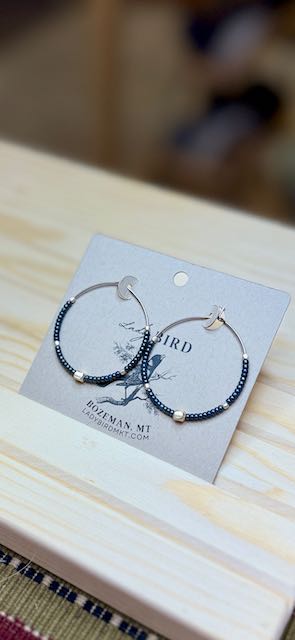 Handcrafted Steel Grey and Silver Boho Seed Beaded Hoop Earrings
