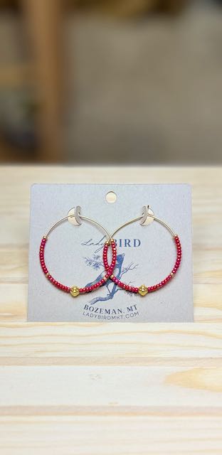 Raspberry Red and Gold Boho Seed Beaded Hoop Earrings