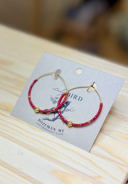 Raspberry Red and Gold Boho Seed Beaded Hoop Earrings