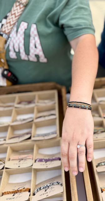 Shiny Green & White Striped Tila Bead Bracelet Set | Handmade Stretchy Boho Wrap in Gold or Silver