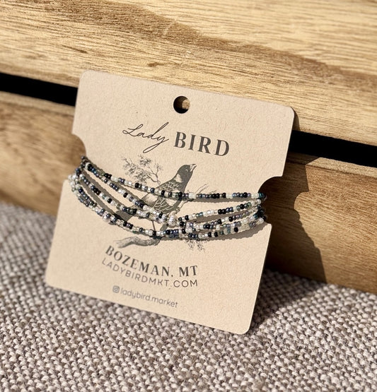 Shimmery Black, White & Silver Mixed Seed Bead Boho Wrap Bracelet & Necklace