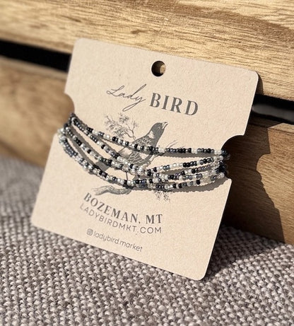 Shimmery Black, White & Silver Mixed Seed Bead Boho Wrap Bracelet & Necklace