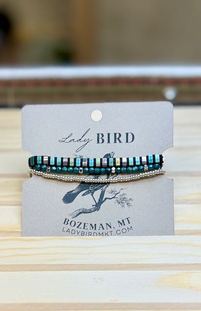 Shiny Black Stripes with Green Tila Bead Bracelet Set | Handmade Stretchy Boho Wrap in Gold or Silver