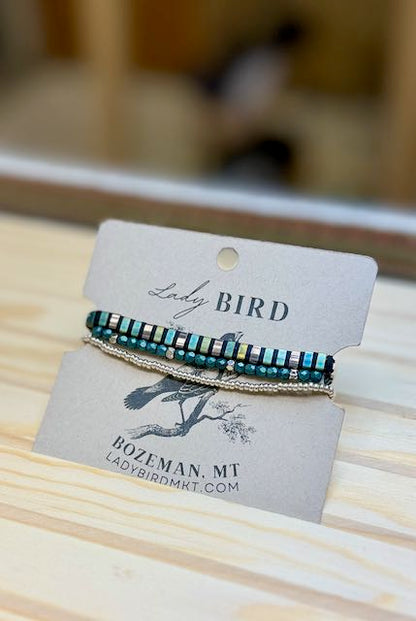 Shiny Black Stripes with Green Tila Bead Bracelet Set | Handmade Stretchy Boho Wrap in Gold or Silver