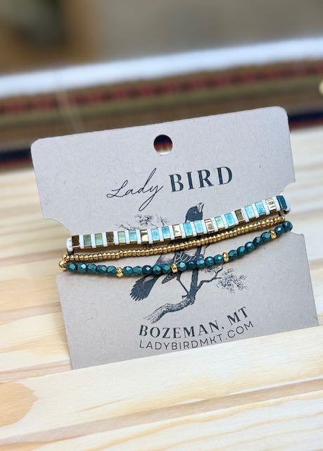Shiny White Striped with Green Tila Bead Bracelet Set | Handmade Stretchy Boho Wrap in Gold or Silver