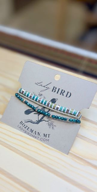 Shiny White Striped with Green Tila Bead Bracelet Set | Handmade Stretchy Boho Wrap in Gold or Silver