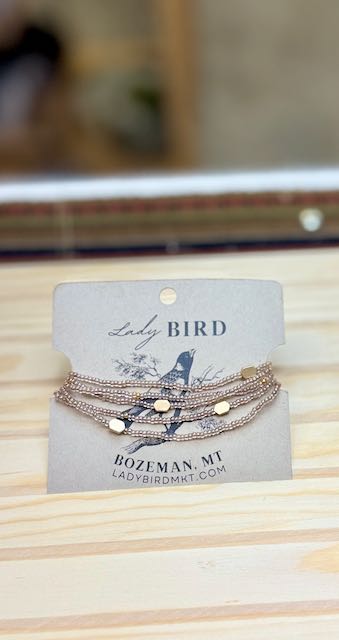 Champagne Czech Glass Seed Bead Boho Wrap Bracelet - Gold Hematite Accent Jewelry