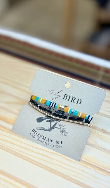 Yellow, Turquoise & Zebra Striped Tila Bead Stretch Bracelet with Black Czech Glass Wrap | Handmade Boho Jewelry