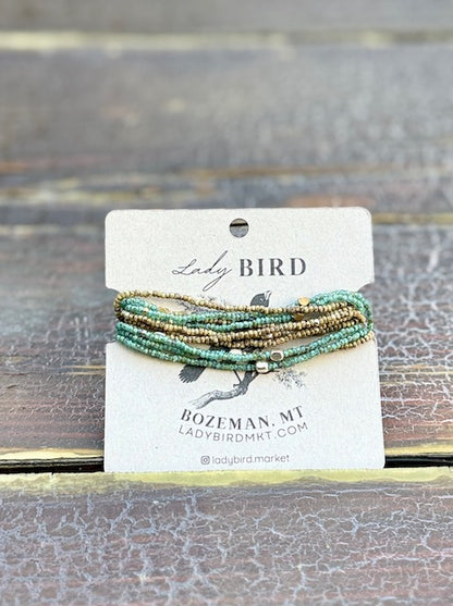 Double Up! Speckled Green & Beige With Silver or Gold Stretchy Boho-Style Beaded Wrap Bracelet Stack