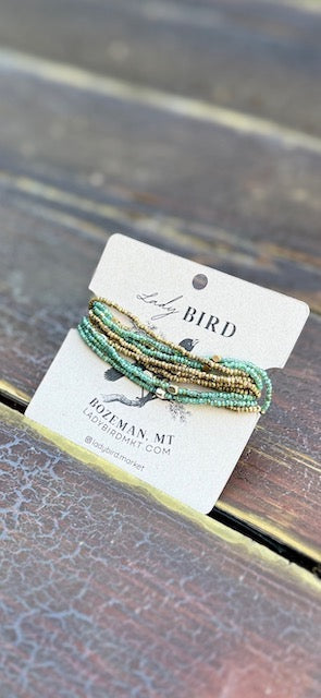 Double Up! Speckled Green & Beige With Silver or Gold Stretchy Boho-Style Beaded Wrap Bracelet Stack