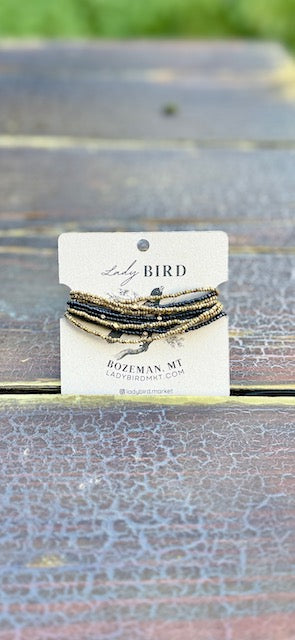 Double Up! Steel Grey & Beige With Silver or Gold Stretchy Boho-Style Beaded Wrap Bracelet Stack