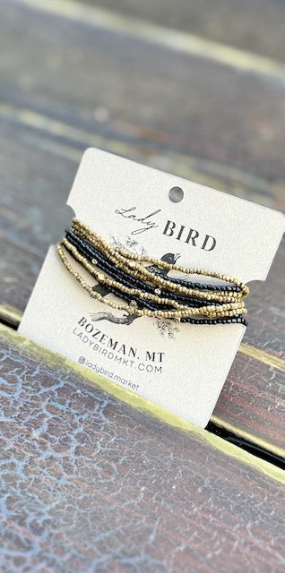 Double Up! Steel Grey & Beige With Silver or Gold Stretchy Boho-Style Beaded Wrap Bracelet Stack