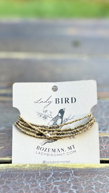 Double Up! Steel Grey & Beige With Silver or Gold Stretchy Boho-Style Beaded Wrap Bracelet Stack