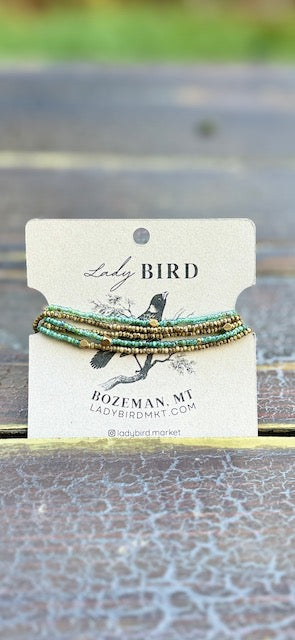 Speckled Green & Beige With Silver or Gold Stretchy Boho-Style Beaded Wrap Bracelet/Necklace
