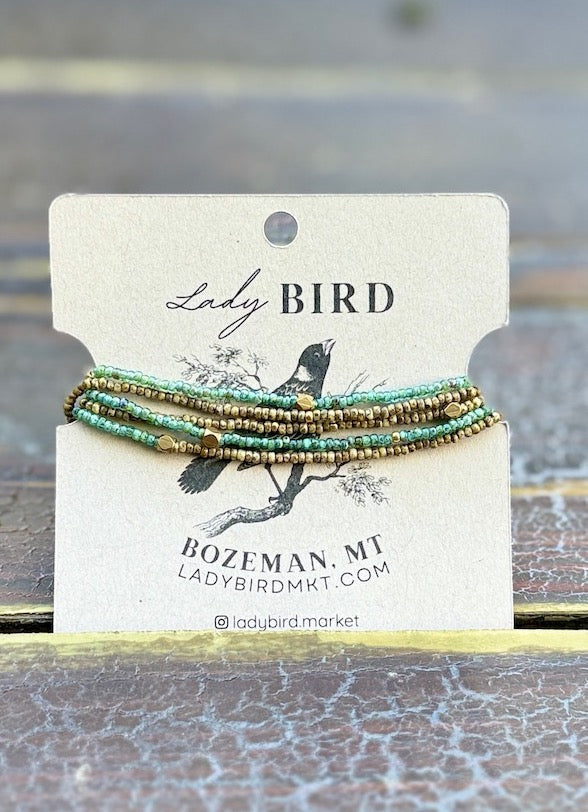 Speckled Green & Beige With Silver or Gold Stretchy Boho-Style Beaded Wrap Bracelet/Necklace