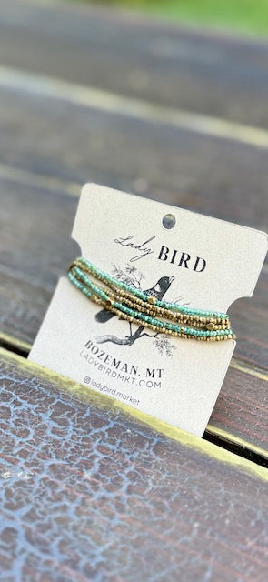 Double Up! Speckled Green & Beige With Silver or Gold Stretchy Boho-Style Beaded Wrap Bracelet Stack