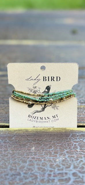 Speckled Green & Beige With Silver or Gold Stretchy Boho-Style Beaded Wrap Bracelet/Necklace