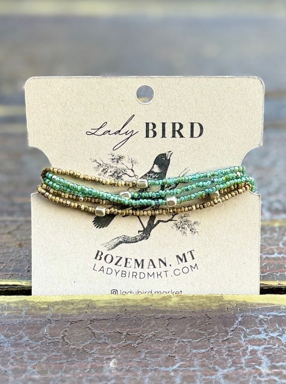 Speckled Green & Beige With Silver or Gold Stretchy Boho-Style Beaded Wrap Bracelet/Necklace