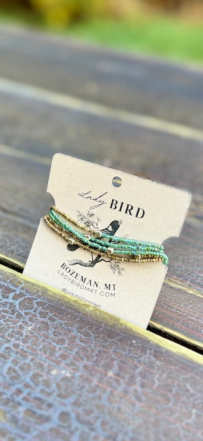 Speckled Green & Beige With Silver or Gold Stretchy Boho-Style Beaded Wrap Bracelet/Necklace
