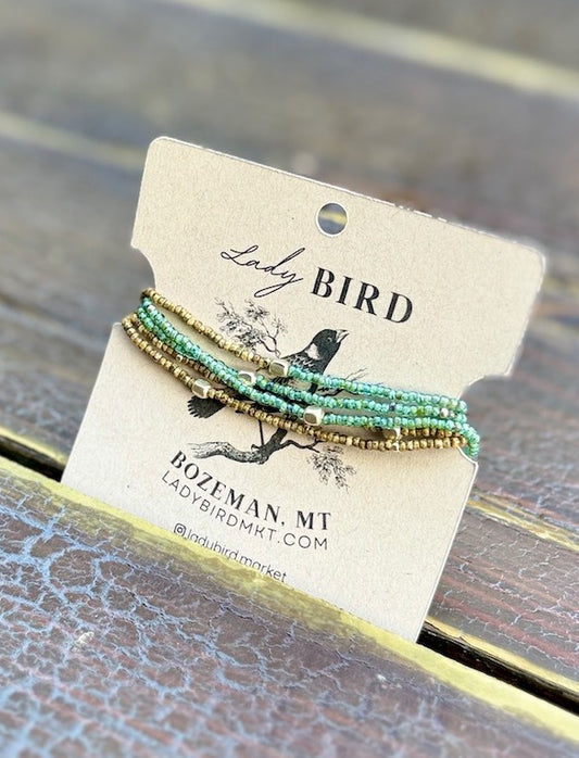 Speckled Green & Beige With Silver or Gold Stretchy Boho-Style Beaded Wrap Bracelet/Necklace