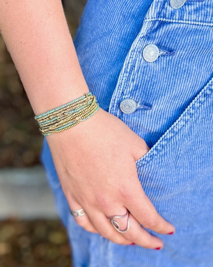 Double Up! Speckled Green & Beige With Silver or Gold Stretchy Boho-Style Beaded Wrap Bracelet Stack