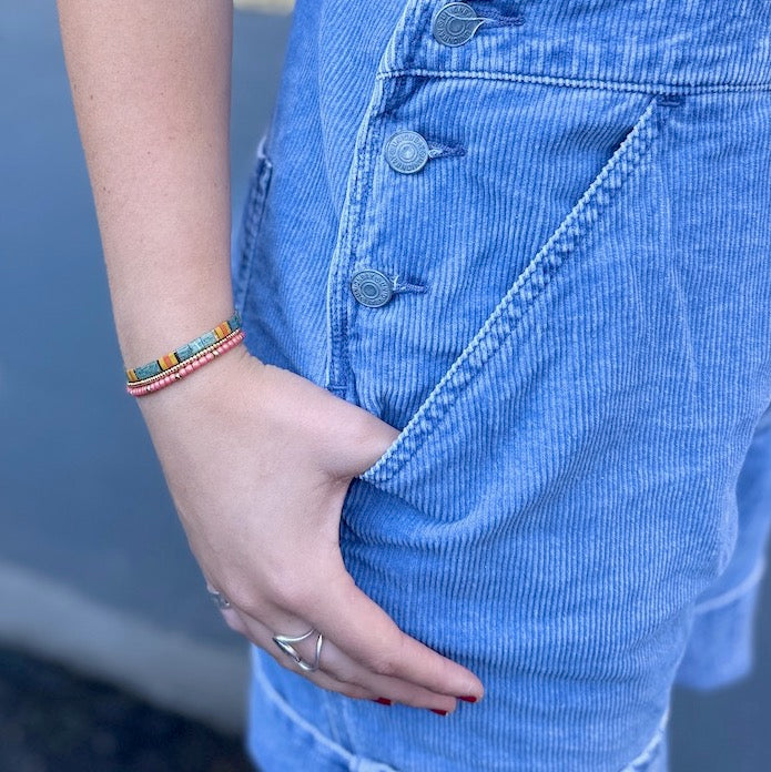 Mossy Green Forest & Teal Tila Bead Bracelet Set | Handmade Stretchy Boho Wrap in Gold or Silver