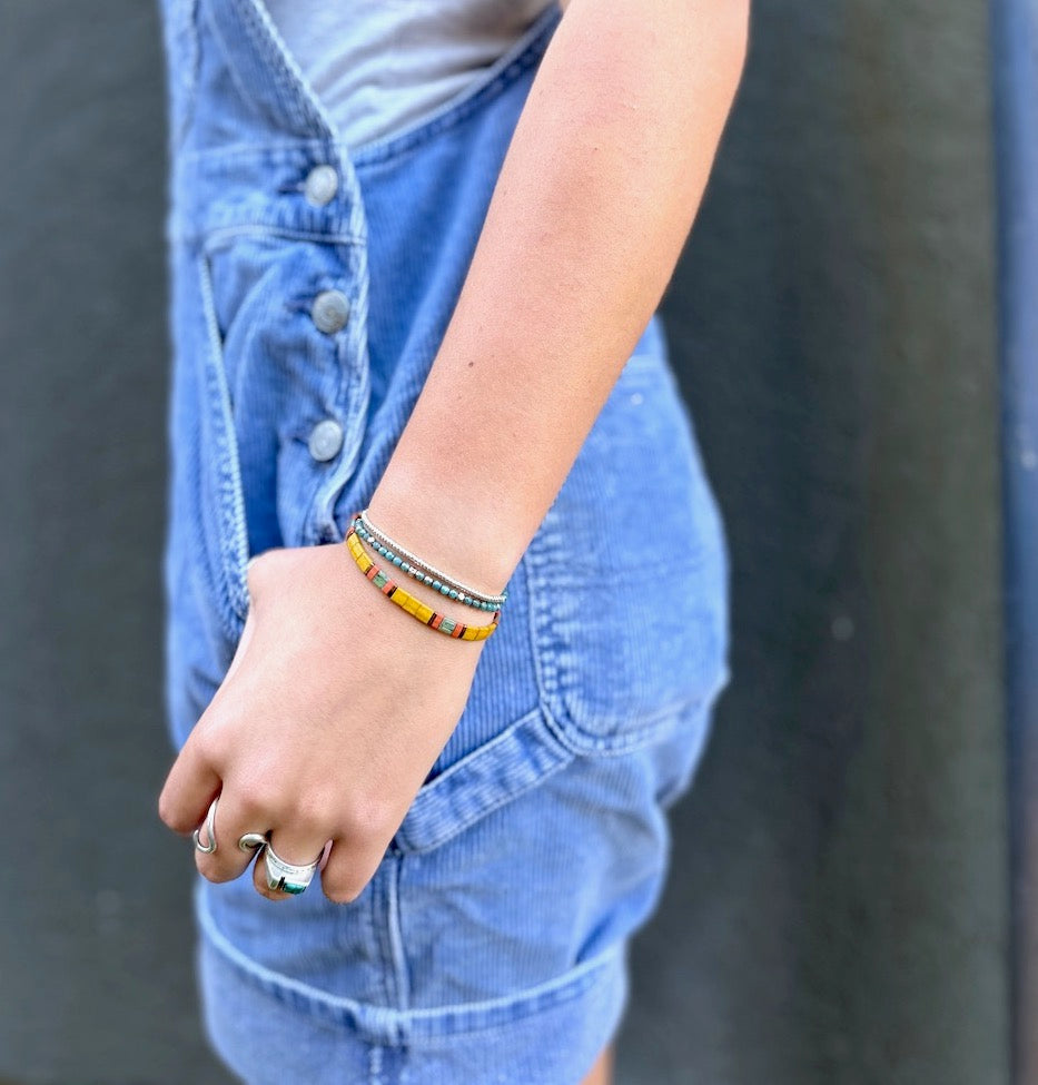 Sunflower Yellow & Orange Harvest Tila Bead Stacked Bracelet Set | Handmade Boho Stretch Wrap in Silver or Gold