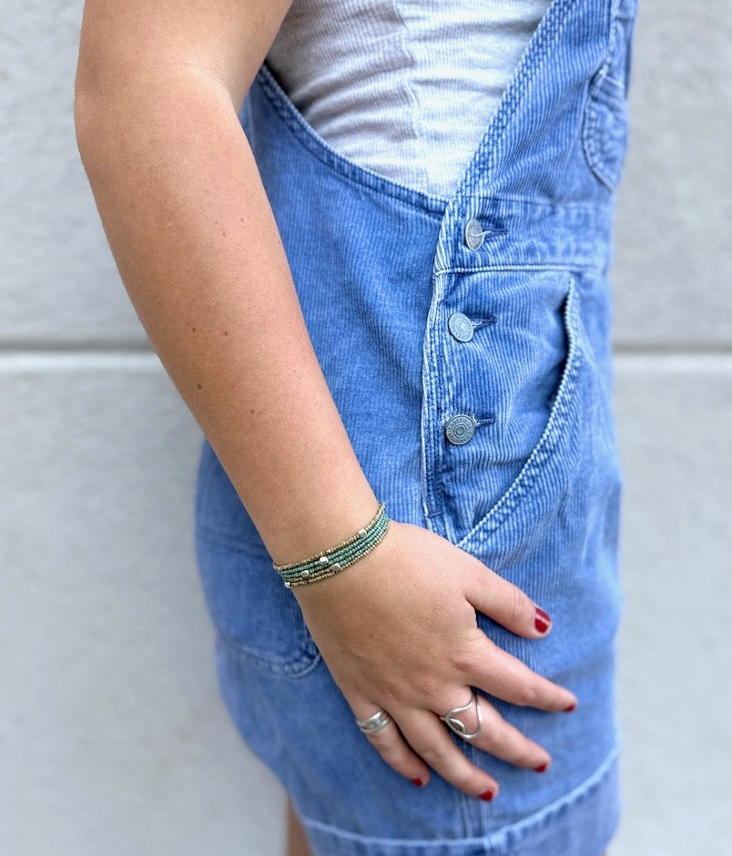 Speckled Green & Beige With Silver or Gold Stretchy Boho-Style Beaded Wrap Bracelet/Necklace