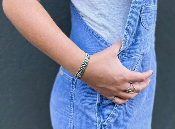 Shiny Green & White Striped Tila Bead Bracelet Set | Handmade Stretchy Boho Wrap in Gold or Silver