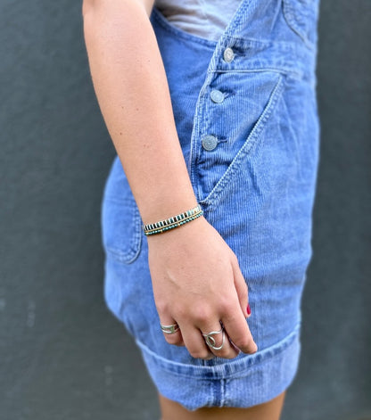 Shiny Green & White Striped Tila Bead Bracelet Set | Handmade Stretchy Boho Wrap in Gold or Silver