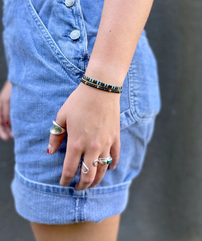 Speckled Turquoise Stripes with Black Stretchy Tila Bead Bracelet Set in Gold or Silver